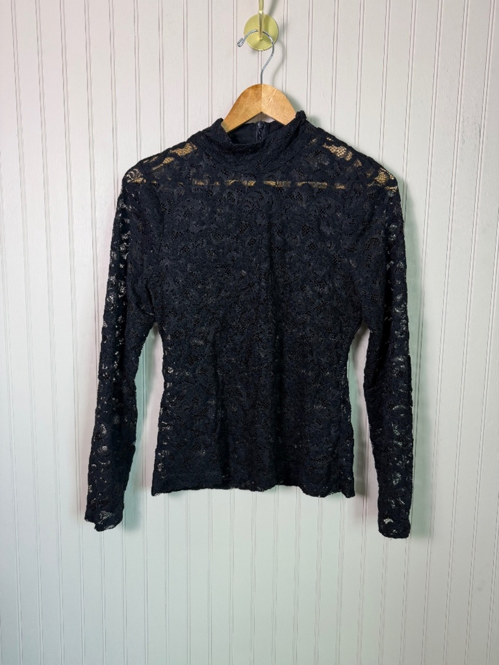 White House Black Market Black Lace Mock Neck Top Size S Long Sleeve